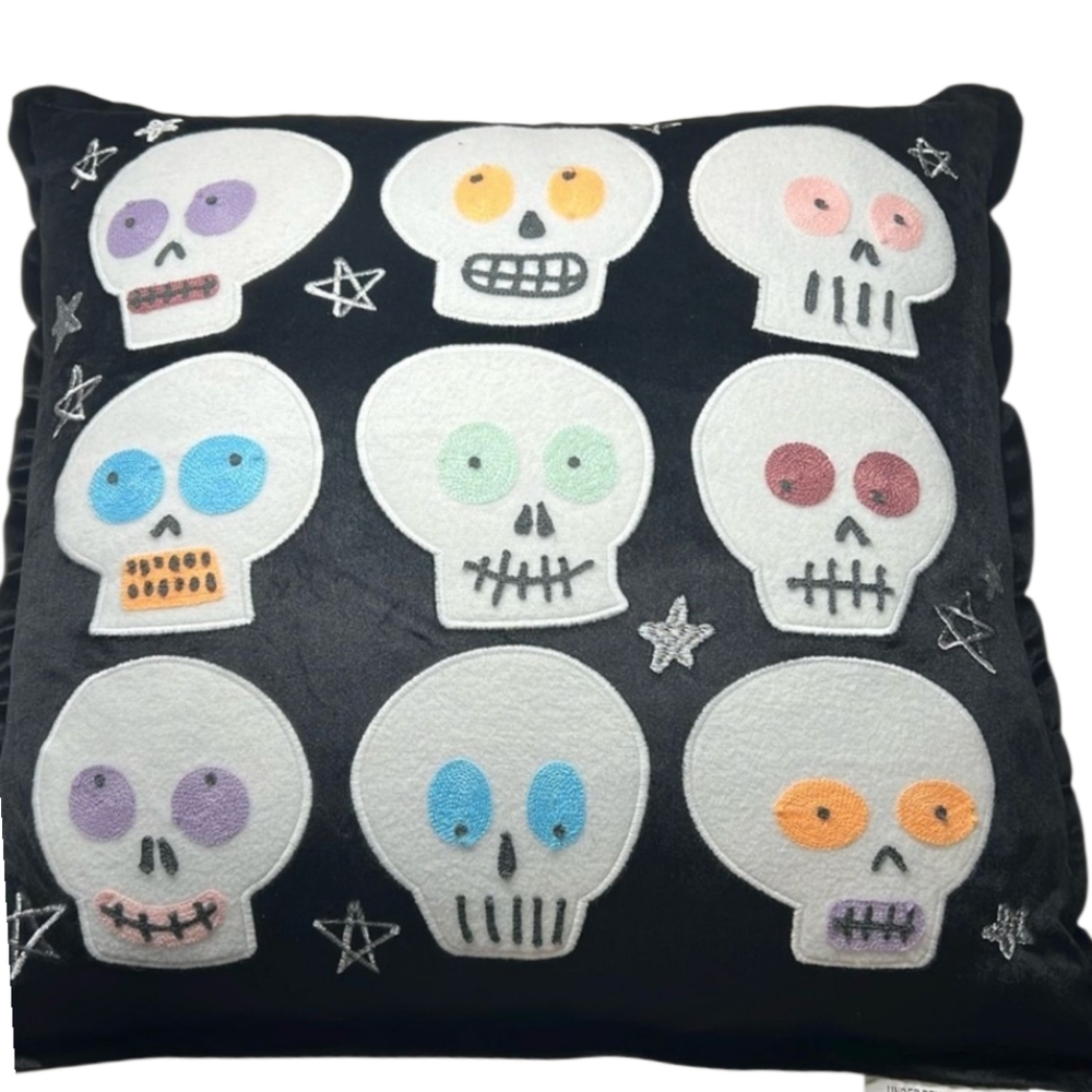October Sky - NEW Black Velvet Like Pillow with Colorful Skull Designs Halloween